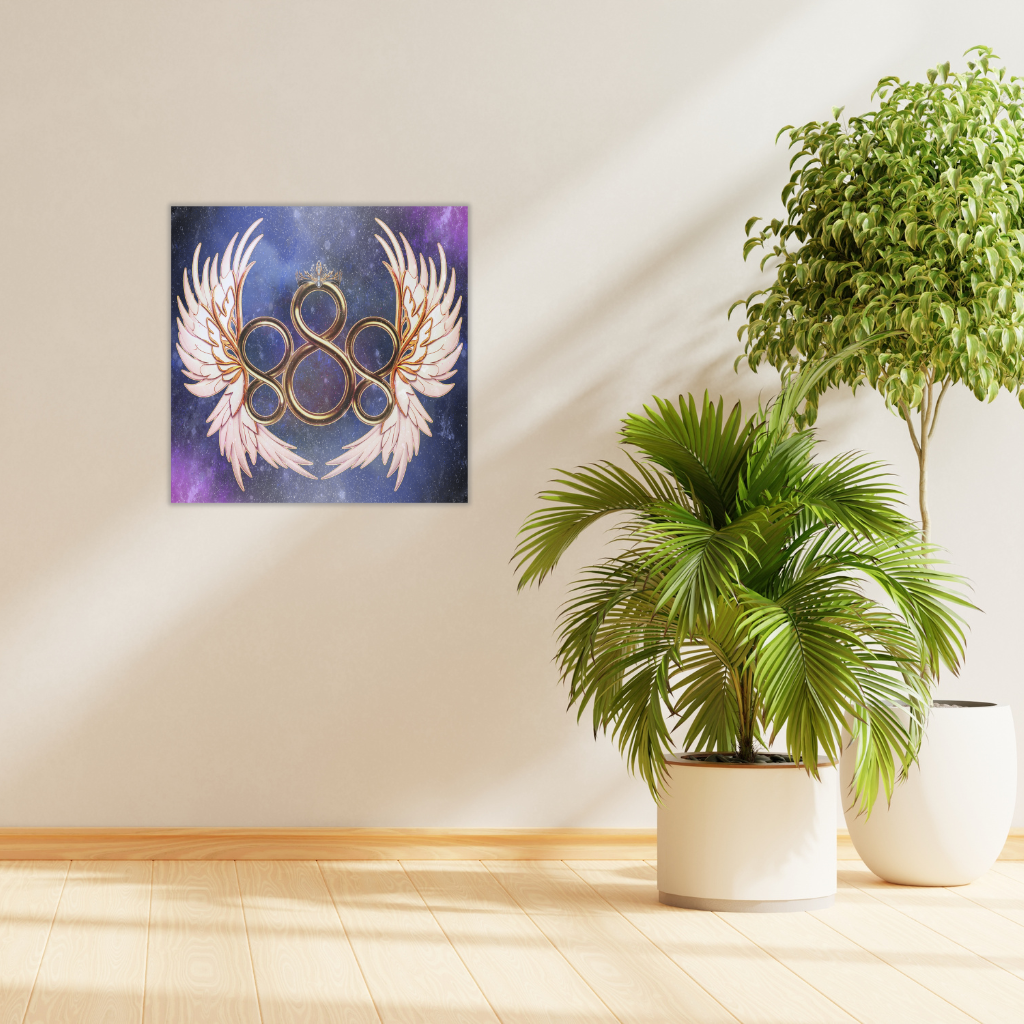 „888 Flügel der Hoffnung“ – Metallwandbild mit kosmischer Engelszahl – Unendlichkeitssymbol mit Krone und Flügeln - Image 2