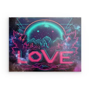Retro Neon „LOVE“ Metallwandbild – Schwarzer Hintergrund, modernes Dekor