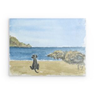 Metallwandbild „Hund am griechischen Strand“ – Küstensehnsucht-Dekor