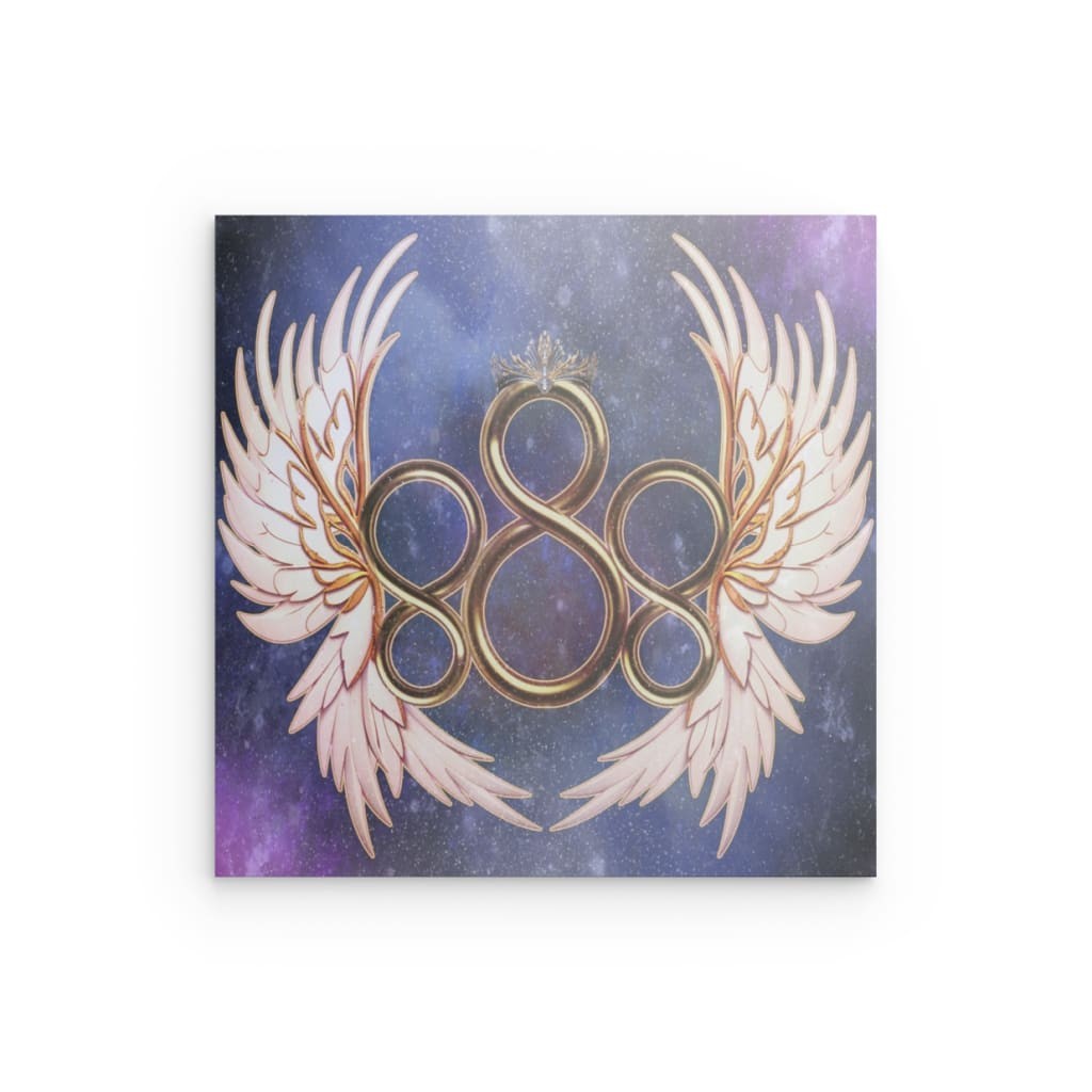 „888 Flügel der Hoffnung“ – Metallwandbild mit kosmischer Engelszahl – Unendlichkeitssymbol mit Krone und Flügeln