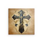 „Blau-goldenes verziertes Kreuz“ – Elegante Metallwandkunst – Spirituell & Dekorativ