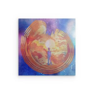 Mann im Feuerball-Universum, abstraktes Metall-Wandbild – Kosmische Energie