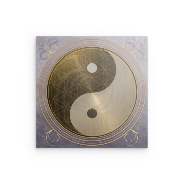 Metallwandbild „Goldener Drache – Yin Yang Blume des Lebens“ – Harmonie & Energie