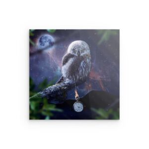 Mystische Eule als Zeitnehmer – Metallwandbild „Kosmischer Nachthimmel“