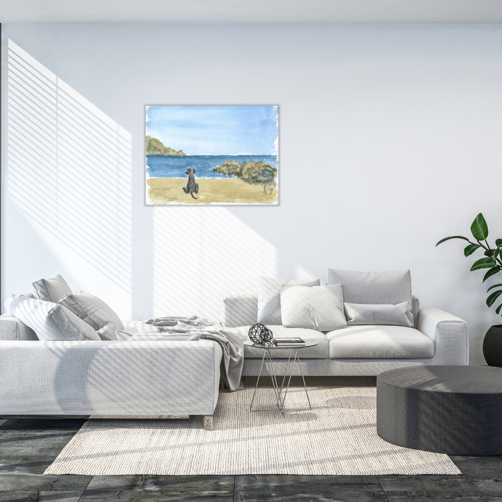 Metallwandbild „Hund am griechischen Strand“ – Küstensehnsucht-Dekor - Image 2