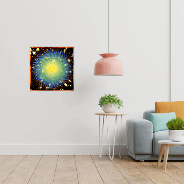 Metallwandbild „Blume des Lebens“ mit Sternenexplosion – Lebendiges kosmisches  Mandala-Dekor - Image 3