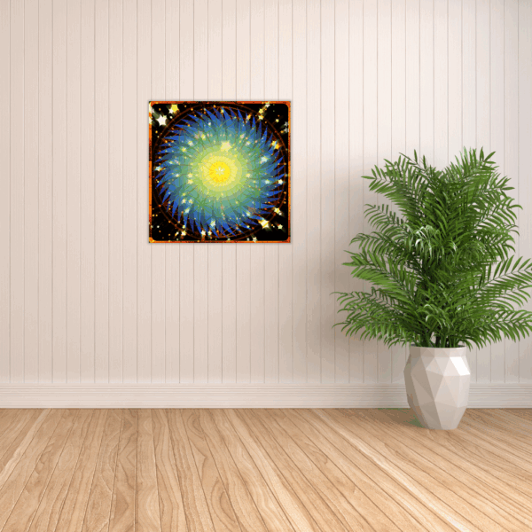 Metallwandbild „Blume des Lebens“ mit Sternenexplosion – Lebendiges kosmisches  Mandala-Dekor - Image 4
