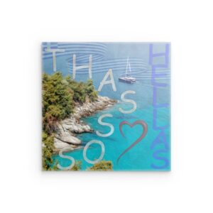 Thassos Hellas Metallwandbild – Ikonische griechische Inselküste & Segelboot-Design