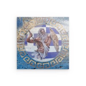 „Zeus, Höchster Gott“ – Metallwandbild aus der griechischen Mythologie – Mäander- und Flaggendesign