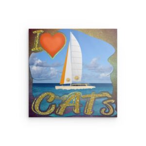 „I LOVE CATS“ Glitzerndes Katamaran-Wandbild aus Metall – Nautische Leidenschaft