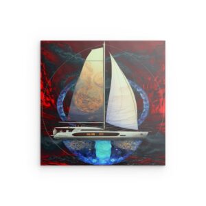 „KATAMARAN“ Metallwandbild mit mehrschichtigem Text und tropischem Segelmotiv – Insel-Desig