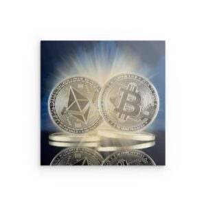 Bitcoin & Ethereum Kryptowährungsmünzen Metallwandkunst – Digitale Finanzdekoration