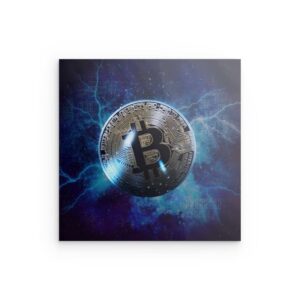 Bitcoin Lightning Cosmic Metallwandkunst – Elektrisierendes Krypto-Universum-Design