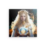 Strahlende Zauberin – Fantasy-Metallwandbild – Leuchtende Kugel & Goldene Aura