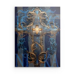 Verziertes IC XC NIKA Kreuz-Wandbild aus Metall – Gold & Blau, byzantinisches Design