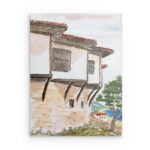 Produkttitel: Metallwandbild „Traditionelles mazedonisches Haus“ – Aquarell-Landschaftsdruck