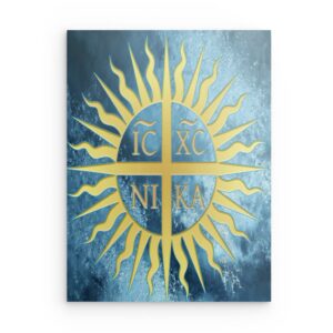 IC XC NIKA Sonnenkreuz Metallwandbild – Spirituelles Gold-Blau-Design