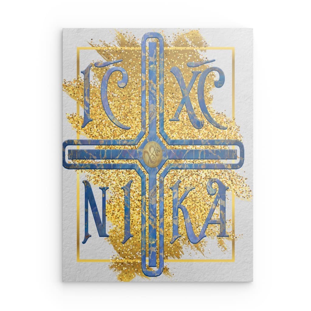 Modernes IC XC NIKA Kreuz Metall-Wandbild – Abstraktes Blau-Gold-Design