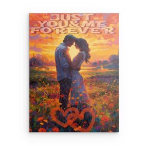 „Just You & Me Forever“ – Romantisches Metallwandbild mit Sonnenuntergang – Liebespaar-Dekor – Quadratisch (40–80 cm)
