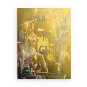„NO PAIN NO GAIN“ – Metallwandbild „Frauenfitness“ – Warmgold-Gym-Druck
