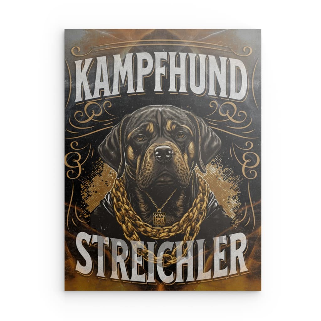 "KAMPFHUND STREICHLER" Rottweiler Metallwandbild – Markantes Hundeporträt-Dekor – Quadratisch (40–80 cm)