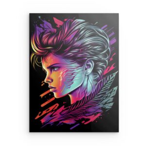 „Neon Lady Head“ 80er Cyberpunk Metallwandbild – Retro-Synthwave-Stil