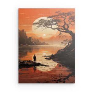 „Alter Mann am Sonnenuntergangssee“ – Asiatische Landschaft – Metallwandbild – Ruhige Zen-Szene