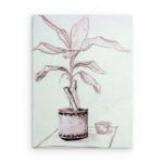 : „Topfpflanze & Kaffeetasse“ – Skizzenkunst – Metallwandbild – Minimalistische botanische Studie