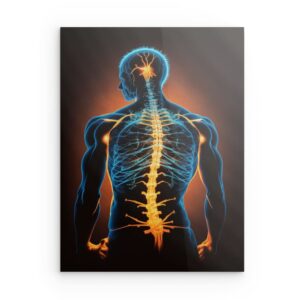 „Goldene Wirbelsäule & neuronales Netzwerk“ – KI-Metallwandbild „Menschliche Anatomie“ – Konzept der spirituellen Heilung