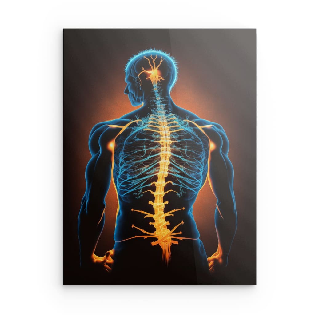 „Goldene Wirbelsäule & neuronales Netzwerk“ – KI-Metallwandbild „Menschliche Anatomie“ – Konzept der spirituellen Heilung