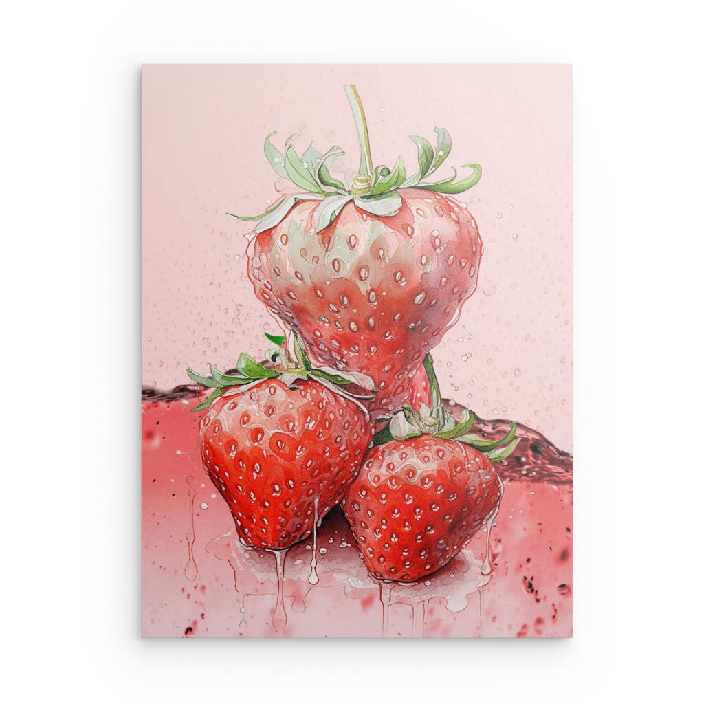 „Frische Erdbeeren“ Aquarell-Food-Art Metallwandbild – Saftiger Beerendruck