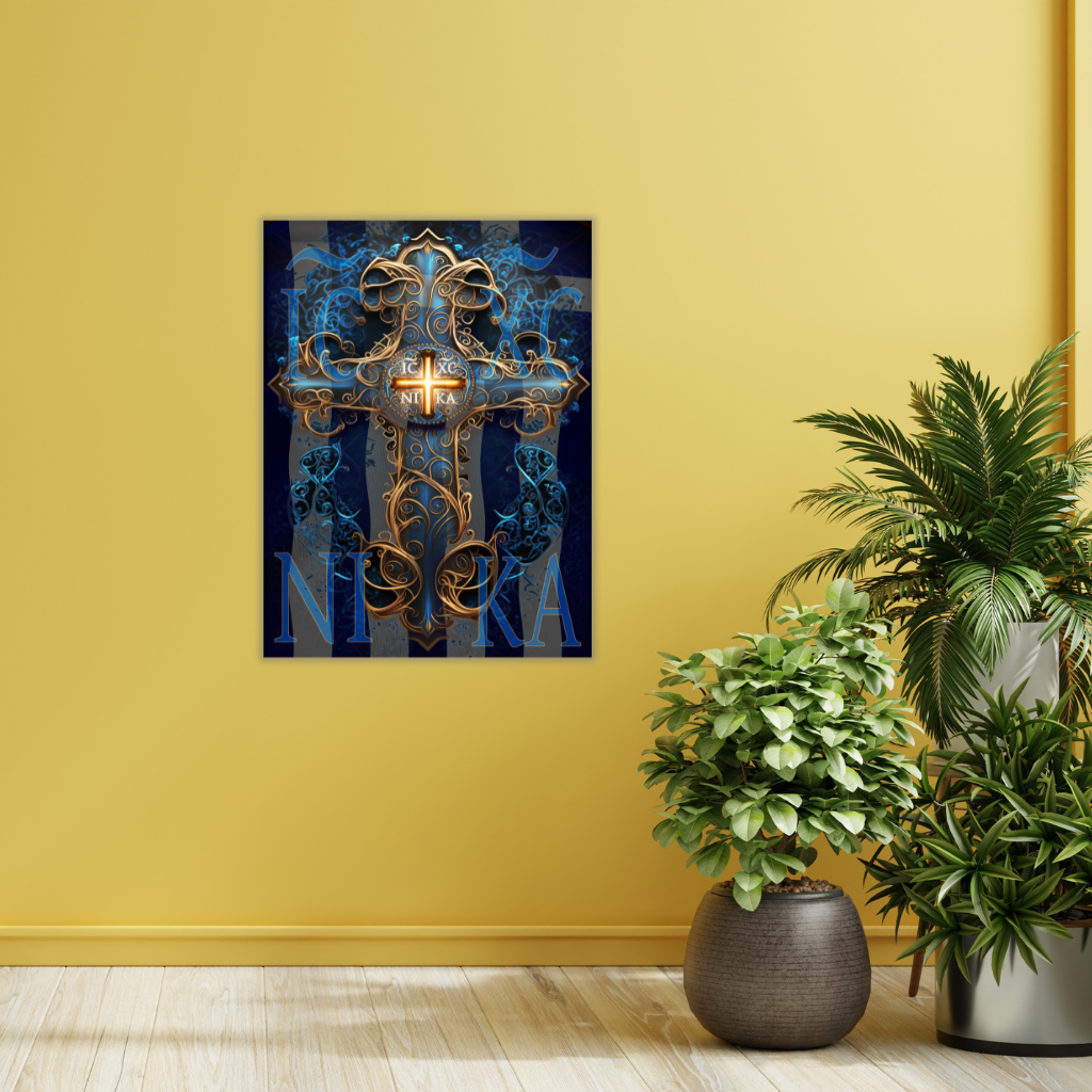 Verziertes IC XC NIKA Kreuz-Wandbild aus Metall – Gold & Blau, byzantinisches Design - Image 4