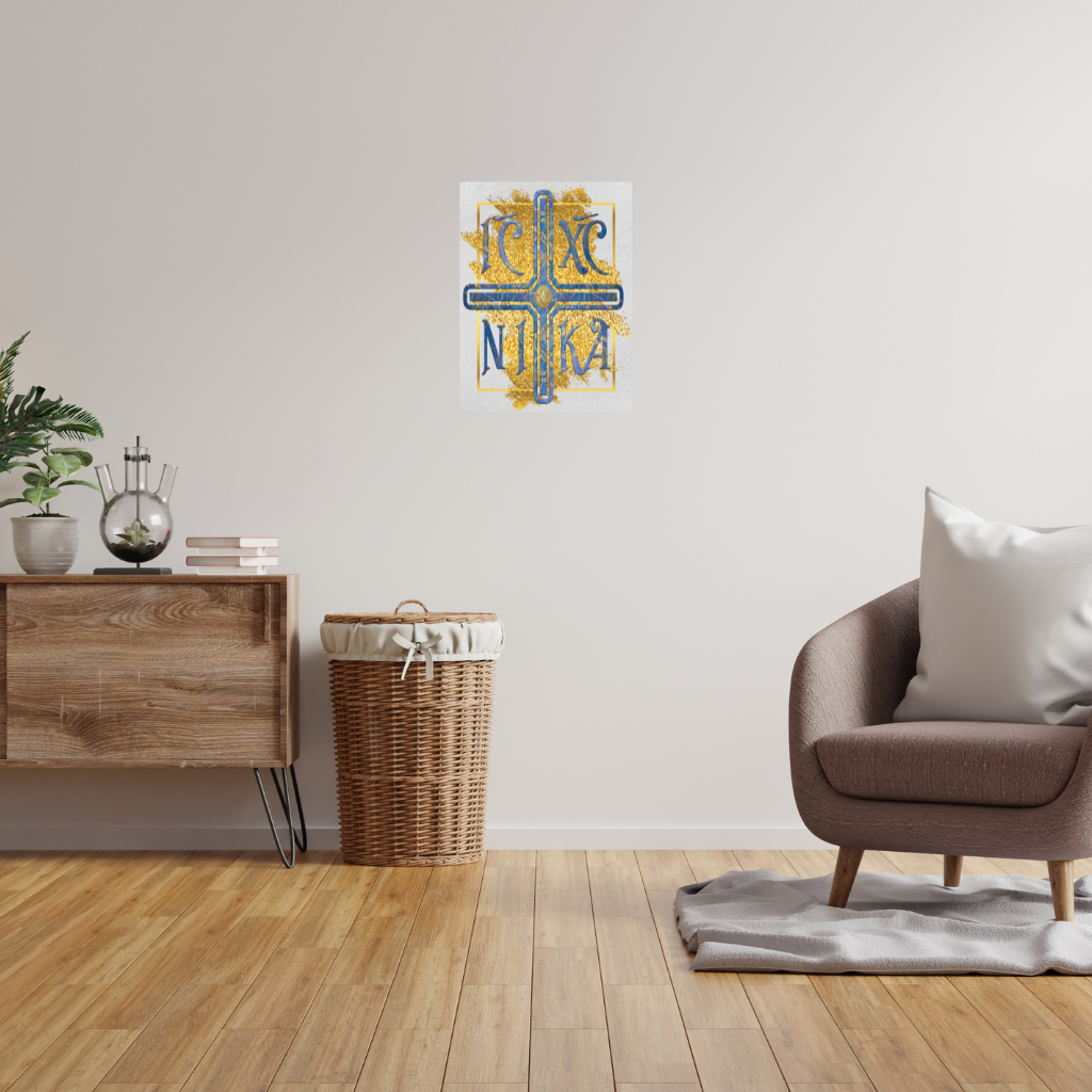 Modernes IC XC NIKA Kreuz Metall-Wandbild – Abstraktes Blau-Gold-Design - Image 4