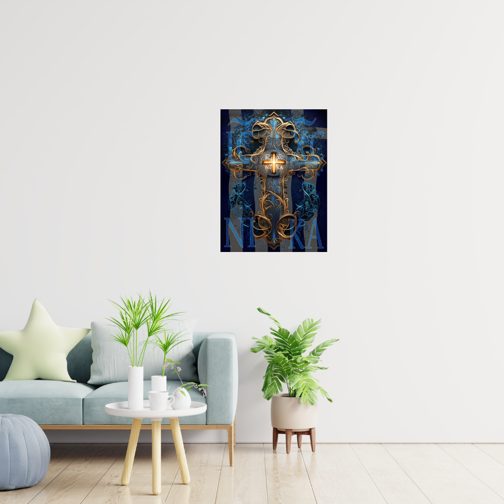 Verziertes IC XC NIKA Kreuz-Wandbild aus Metall – Gold & Blau, byzantinisches Design - Image 3
